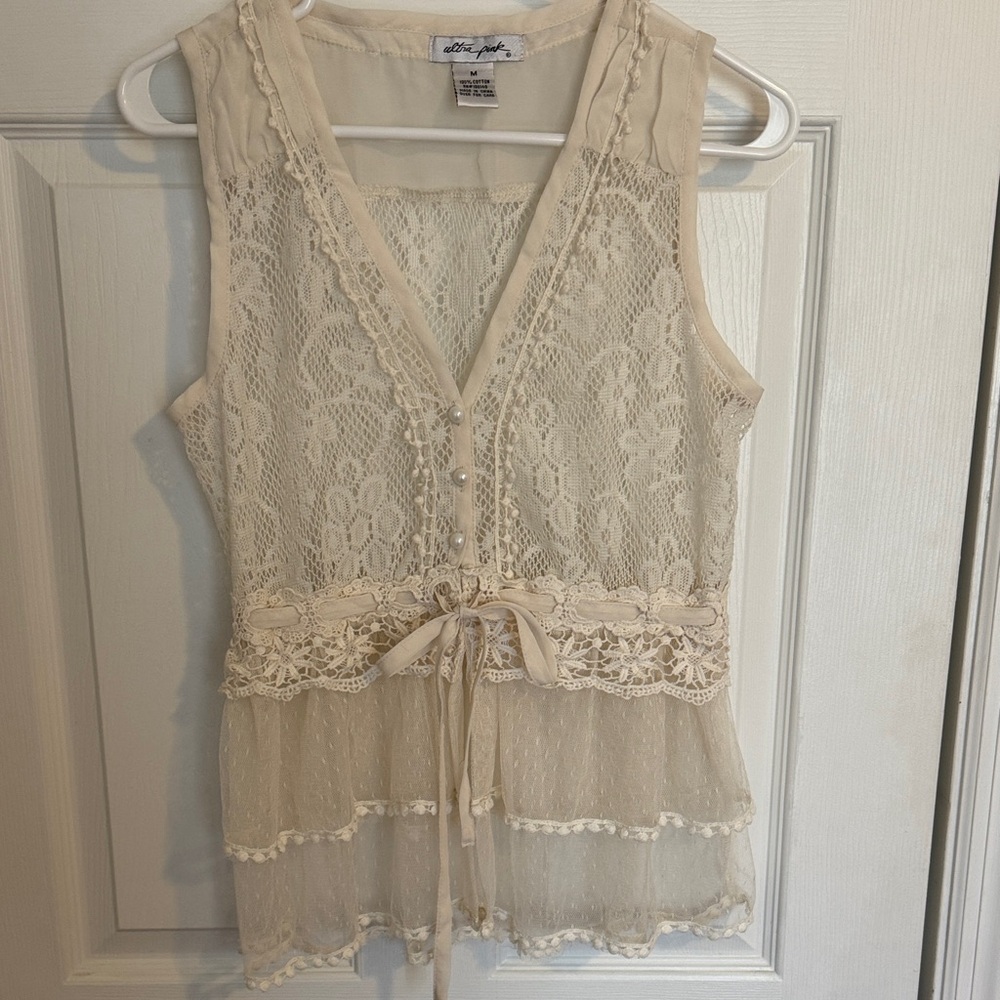 Ultra Pink Beige Lace Tie-Front Blouse